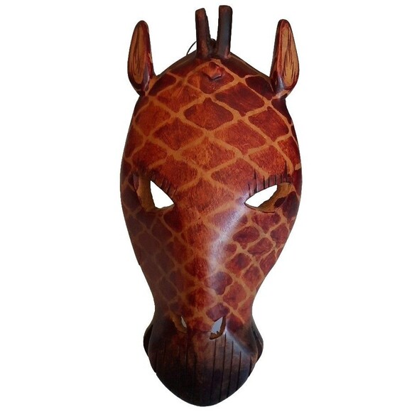 Hand Carved Wood Crafted 10" African Mask Wall Hanging Art Decor Giraffe Safari - Picture 2 of 6